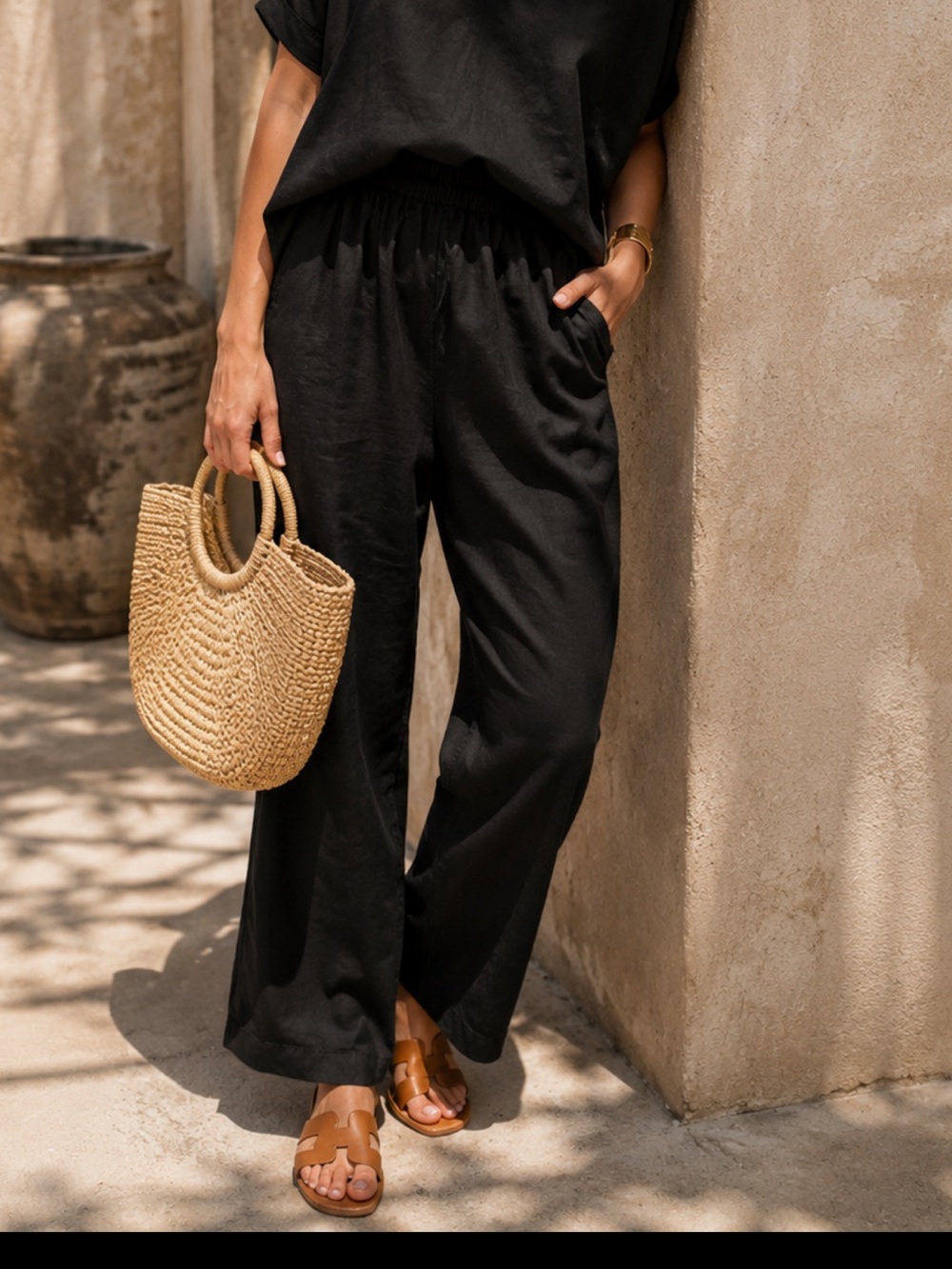 Fridaze Wide-Leg Elastic Waist Black Linen-Blend Pants